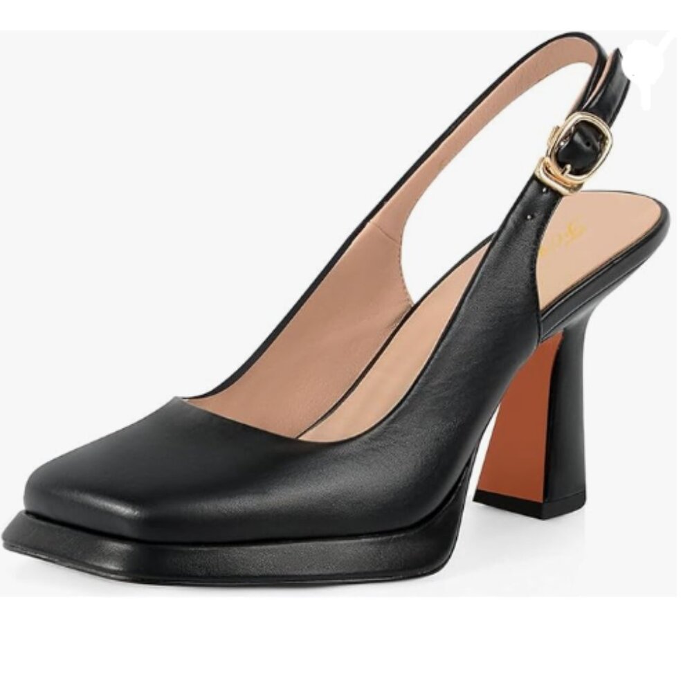 Black Leather Slingback Heel with NEW ELASTIC & Gold Buckle.